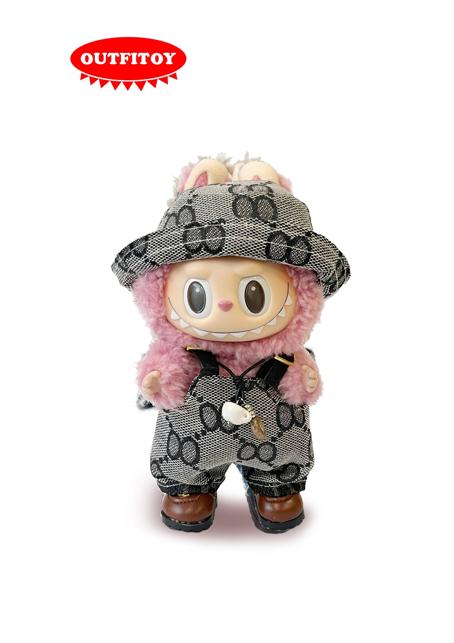 Labubu Outfit|Retro Black & White Pattern Overalls + Fisherman Hat