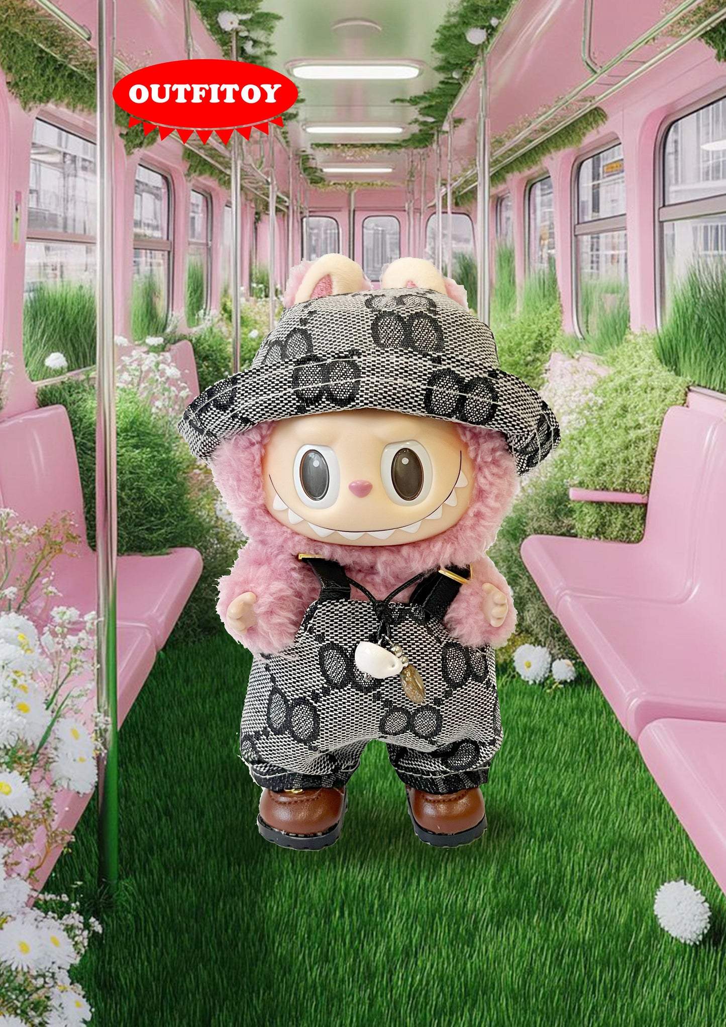 Labubu Outfit|Retro Black & White Pattern Overalls + Fisherman Hat