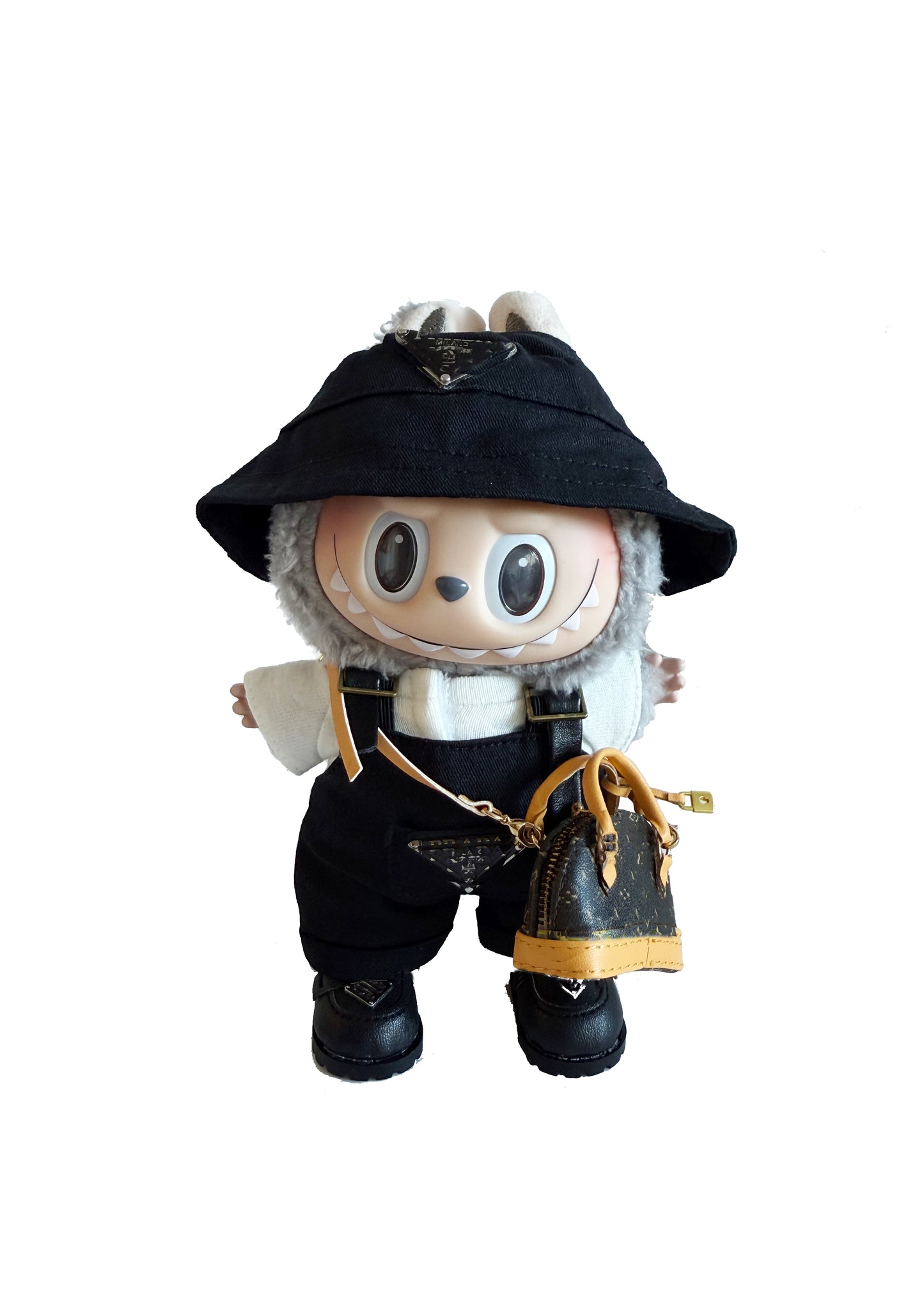 Labubu Outfit β France Style: Black Bucket Hat + Overalls + Shell Backpack + Black Dress Shoes