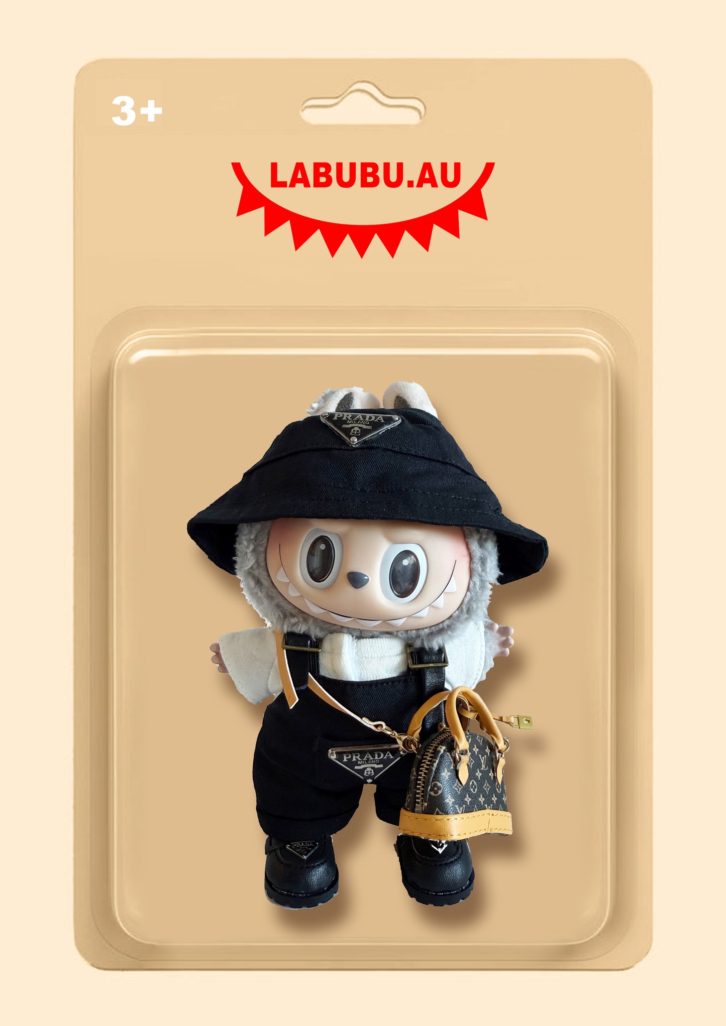 Labubu Outfit β France Style: Black Bucket Hat + Overalls + Shell Backpack + Black Dress Shoes