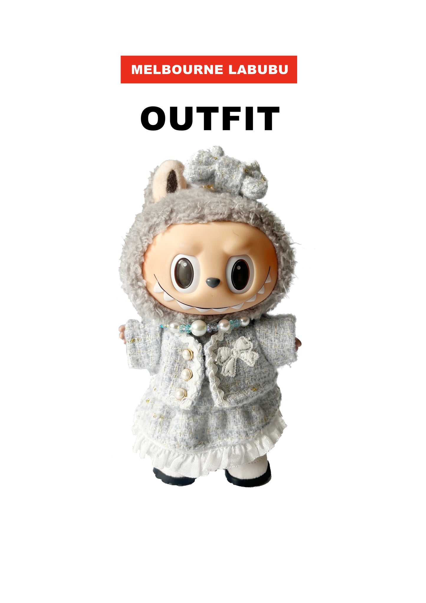 Labubu Outfit| Parisian Sweet Style | Tweed Jacket + Lace Skirt + Oversized Bow + White Shoes+ Beaded Necklace