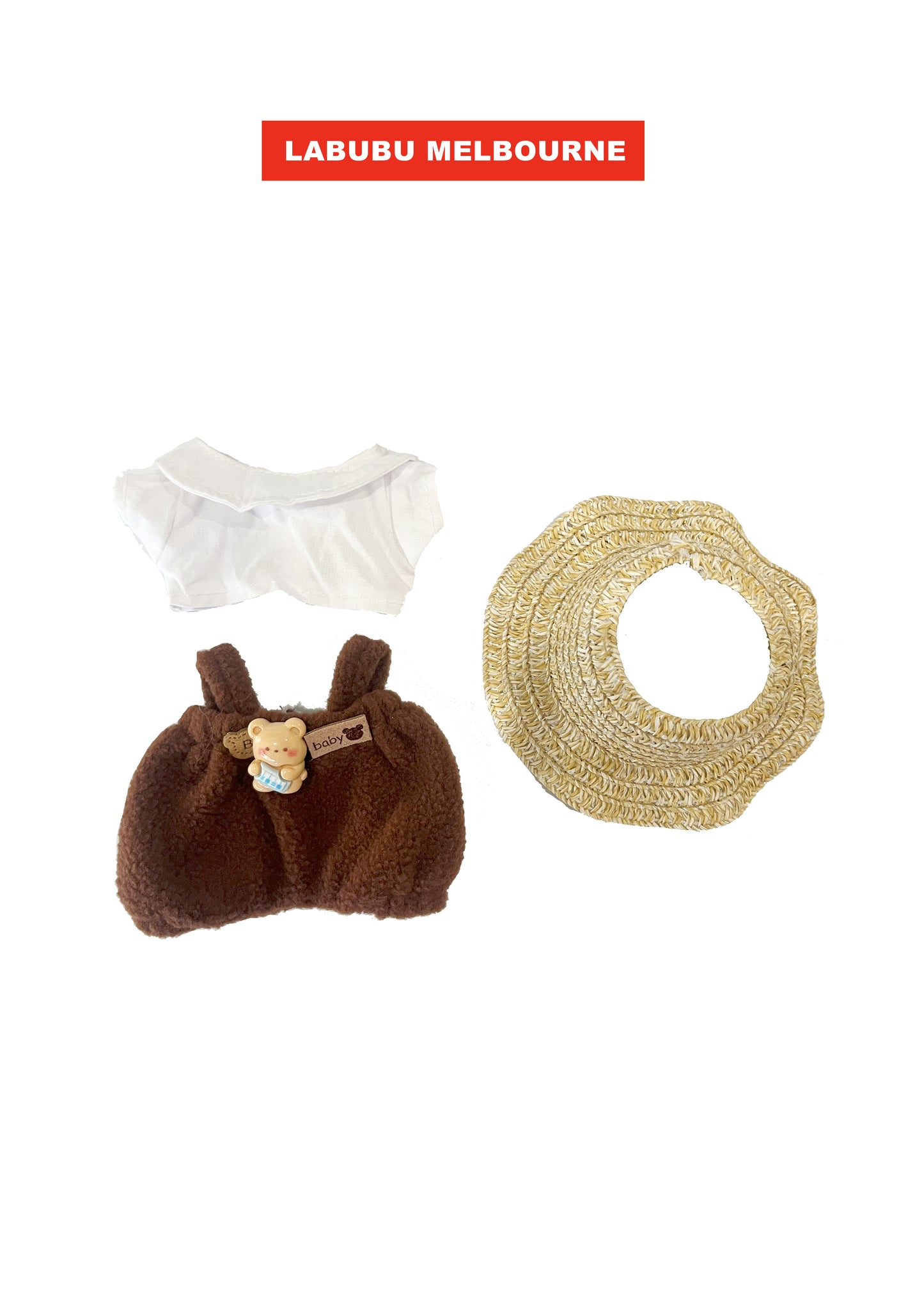 Labubu Outfit – Bear Overalls Set with Straw Hat