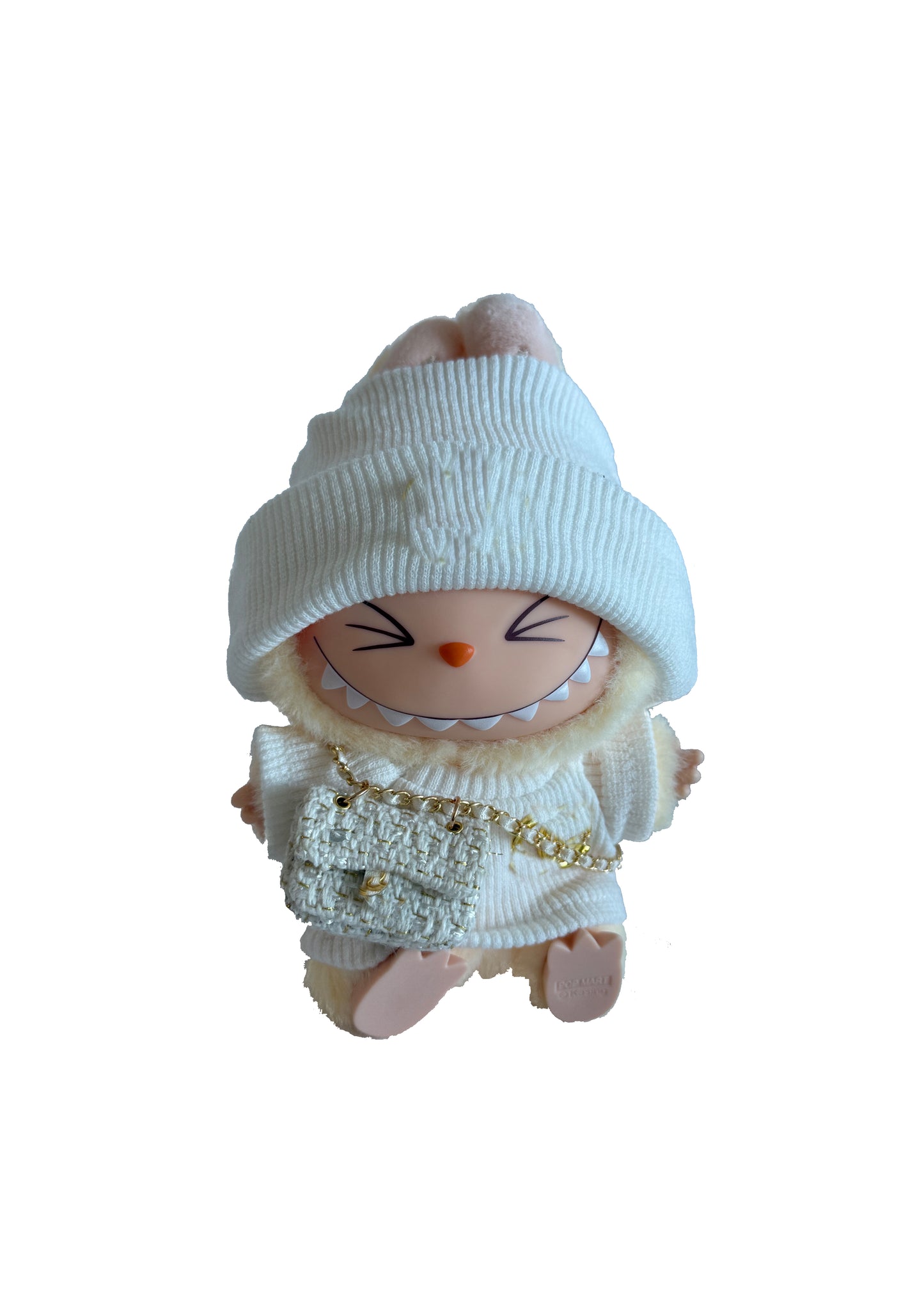 Labubu Outfit – France inspired White Ribbed Set + Mini Tweed Backpack
