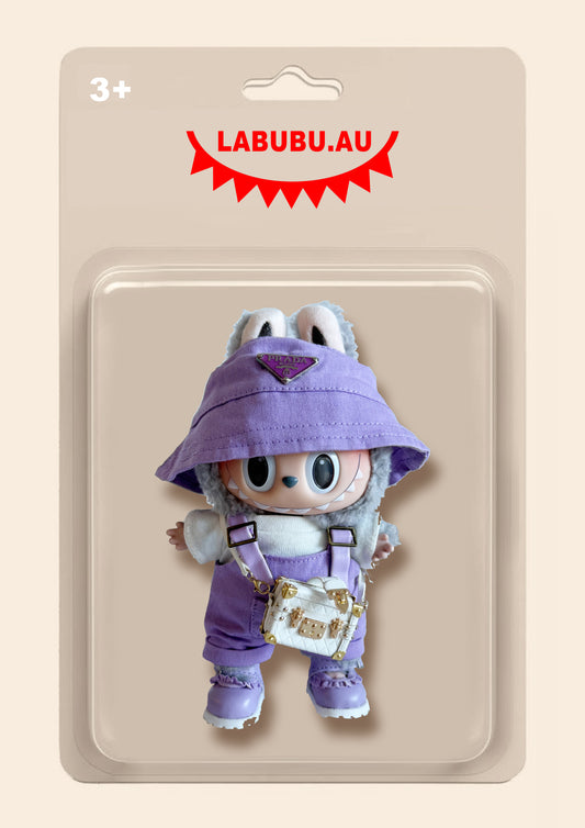 Labubu Outfit Purple Style Purple Bucket Hat + Overalls + Box Bag + Leather Shoes