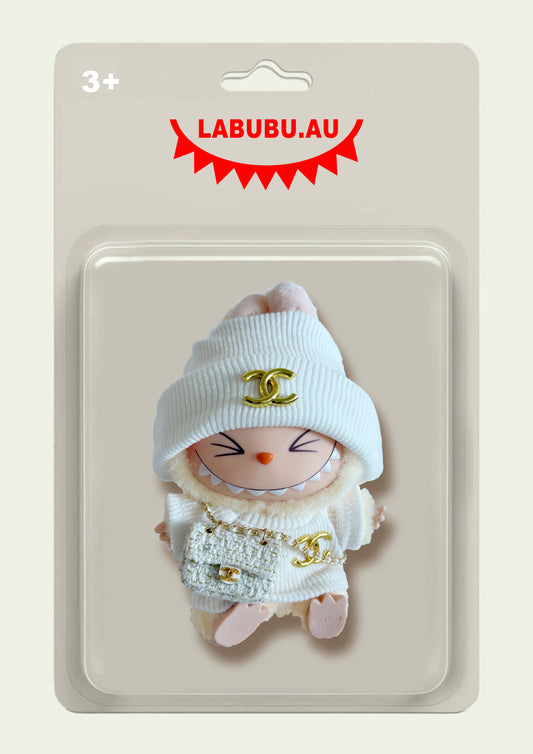 Labubu Outfit – France inspired White Ribbed Set + Mini Tweed Backpack