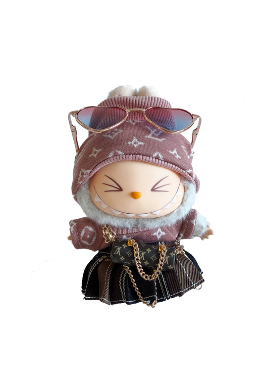 Labubu outfit LV inspired Look Sporty Pink & Plaid Skirt Set with Bucket Bag