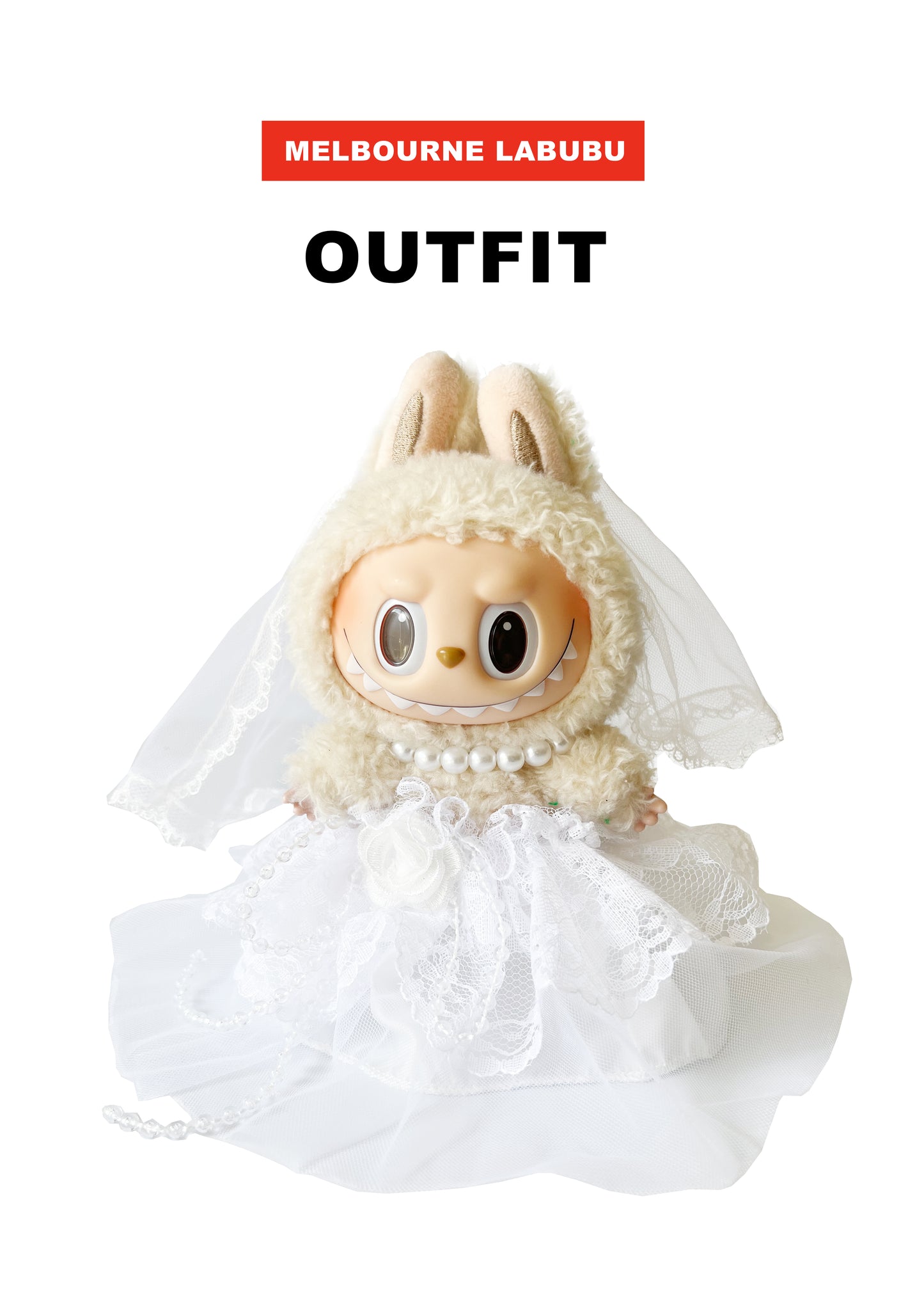 Labubu Bridal Outfit | White Veil + Pearl Necklace + Lace Gown | Dreamy Wedding Look
