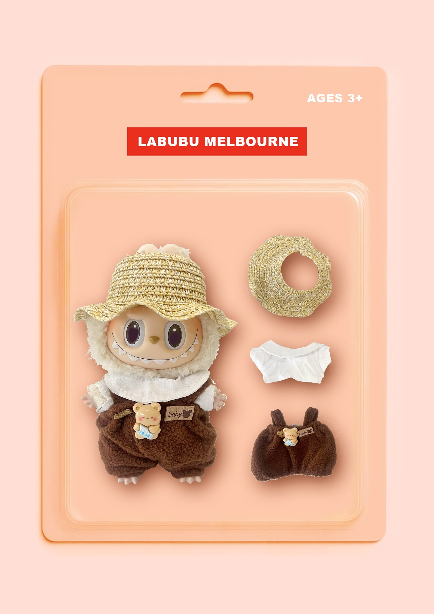 Labubu Outfit – Bear Overalls Set with Straw Hat