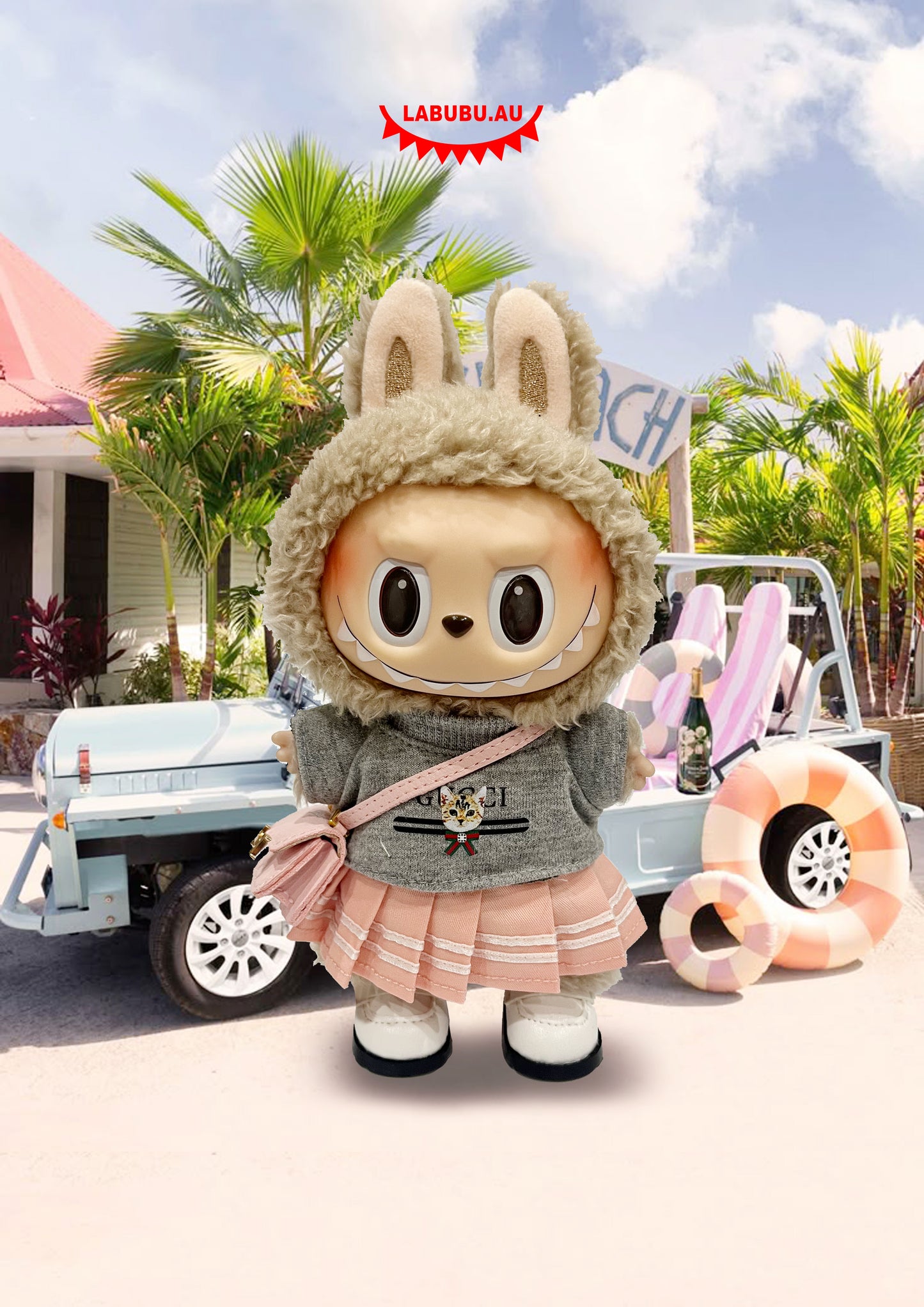 Labubu Outfit｜Grey France -Style Tee + Pink Pleated Skirt + Pink Bag + White Shoes