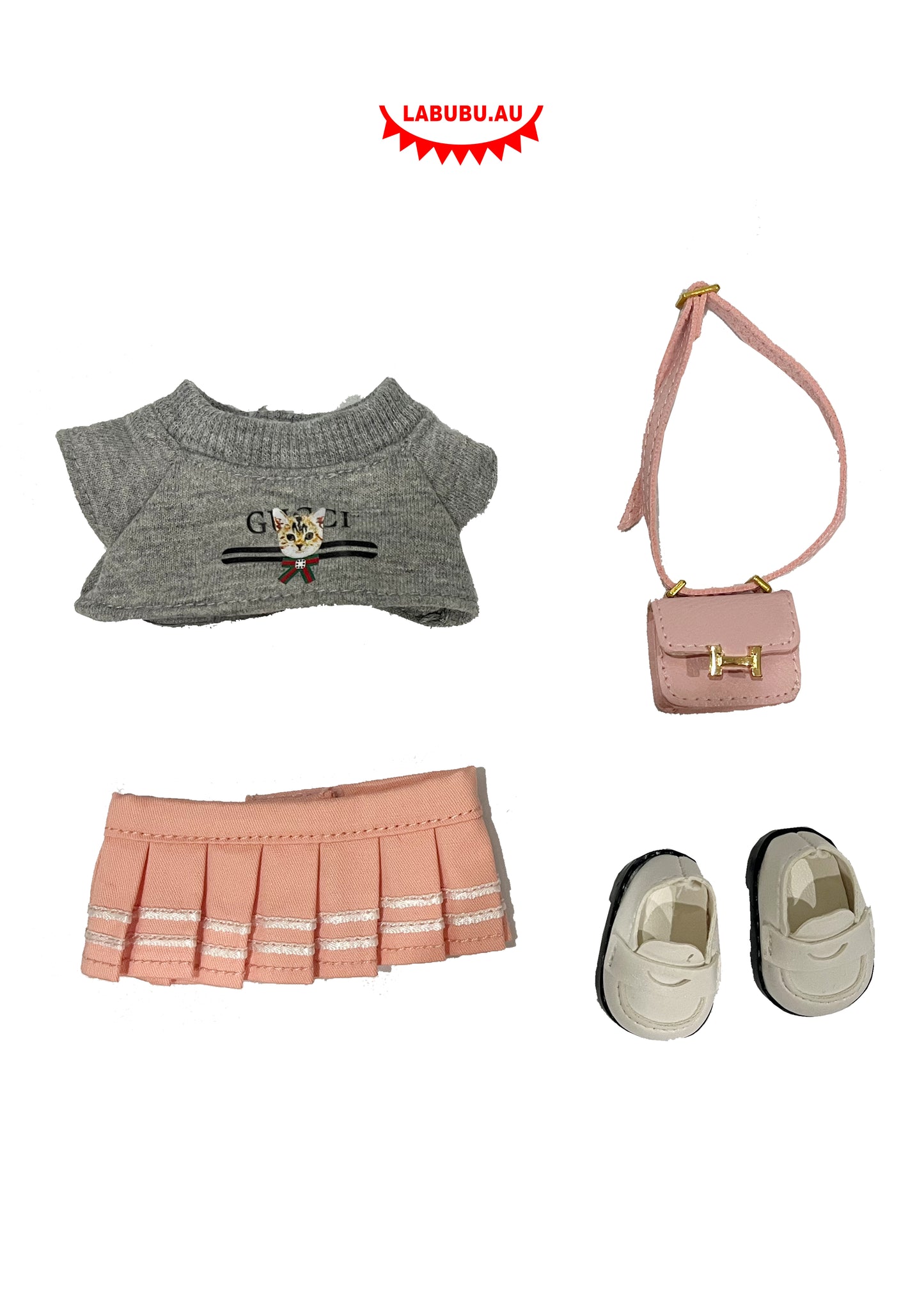 Labubu Outfit｜Grey France -Style Tee + Pink Pleated Skirt + Pink Bag + White Shoes