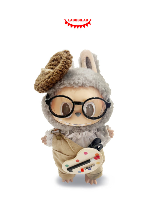 Labubu outfit Artist Style • Painter’s Hat + Frill Tee + Khaki Overalls + Black Glasses + Sketch Board
