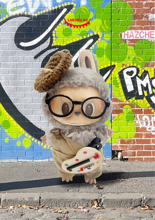 Labubu outfit Artist Style • Painter’s Hat + Frill Tee + Khaki Overalls + Black Glasses + Sketch Board
