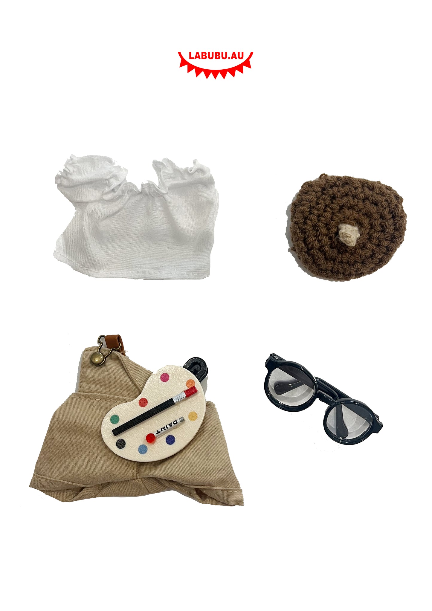 Labubu outfit Artist Style • Painter’s Hat + Frill Tee + Khaki Overalls + Black Glasses + Sketch Board