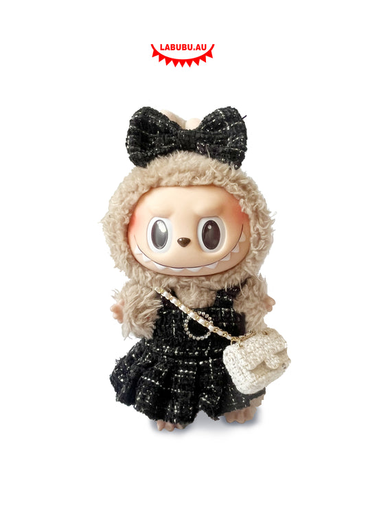 Labubu Outfit Chic & Classic Style Elegant Black Tweed Dress + White Bag