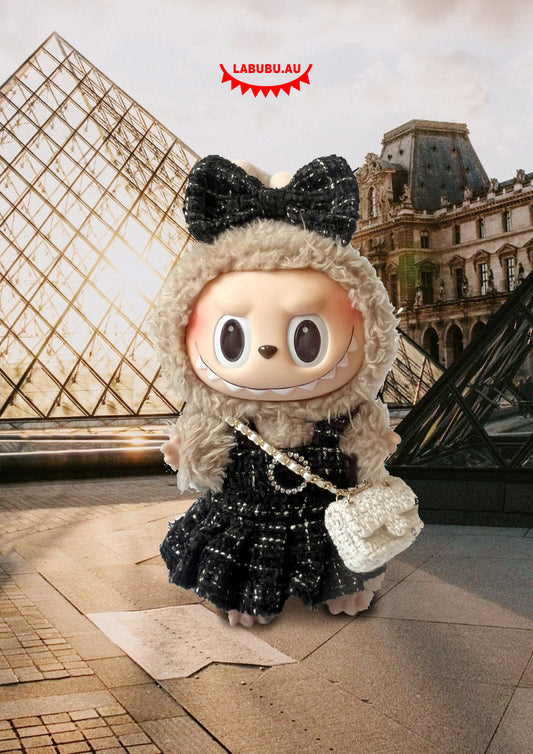 Labubu Outfit Chic & Classic Style Elegant Black Tweed Dress + White Bag