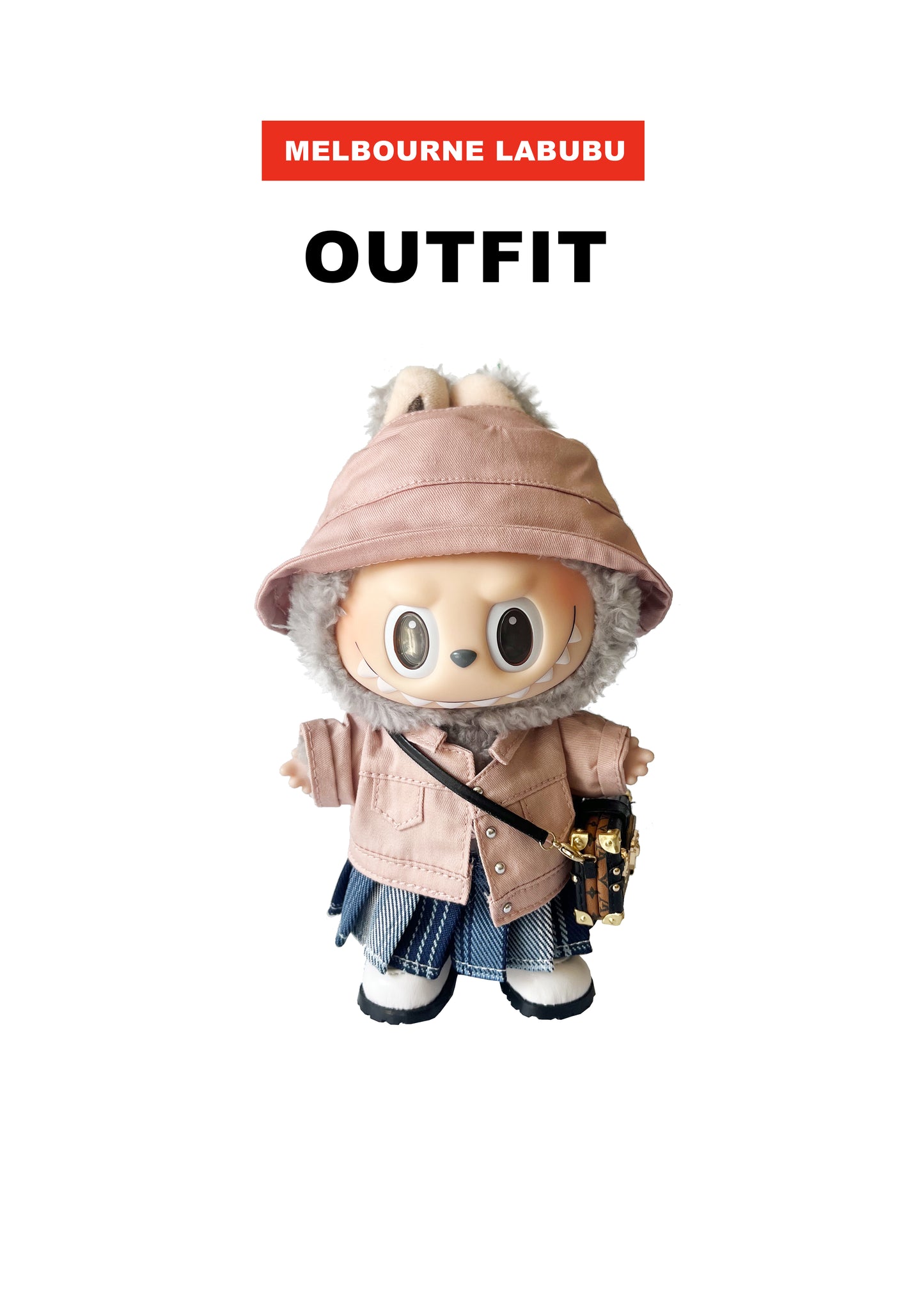Labubu Outfit | Fisherman Hat + Pink Jacket + Plaid Skirt + Box Bag + White Shoes